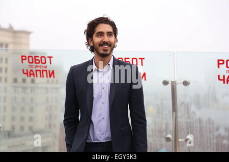 1 March 2015. Photocall of actors of the film Chappie, Hugh Jackman, Sigourney Weaver, Dev Patel. The Ritz Carlton Moscow, Russia. Stock Photo