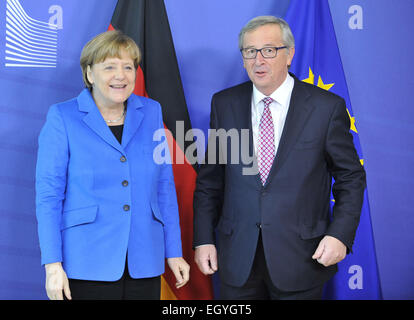 (150304) -- BRUSSELS, March 4, 2015 (Xinhua) -- European Commission President Jean-Claude Juncker (R) meets with German Federal Chancellor Angela Merkel at EU headquarters in Brussels, Capital of Belgium, March 4, 2015. (Xinhua/Ye Pingfan) Stock Photo