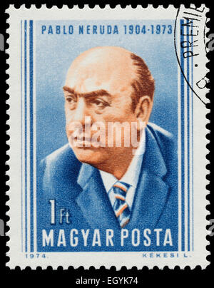 HUNGARY - CIRCA 1974: Stamp printed in Hungary shows Pablo Neruda Chilean poet and Nobel Prize in literature, circa 1974 Stock Photo