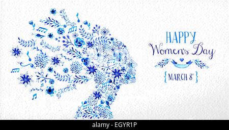 Happy Women Day vintage greeting card illustration. Woman head silhouette with diversity flowers and text 8th March. EPS10 file. Stock Vector