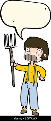 cartoon farmer with pitchfork with speech bubble Stock Vector