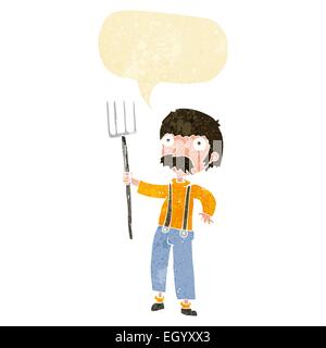 cartoon farmer with pitchfork with speech bubble Stock Vector