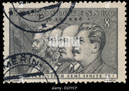 CZECHOSLOVAKIA - CIRCA 1951: Stamp printed by Czechoslovakia, shows Marx, Engels, Lenin and Stalin, circa 1951 Stock Photo