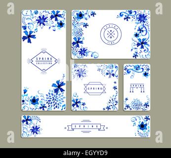 Set of romantic invitation cards with hand drawn watercolor flowers a leaves illustration. Ideal for Spring party, wedding. Stock Vector
