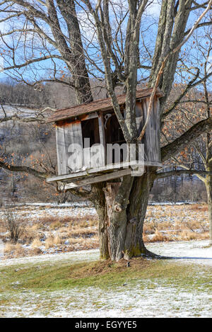 Country Tree house in the early Spring on a bright sunny day with a light dusting of snow on the ground. Stock Photo