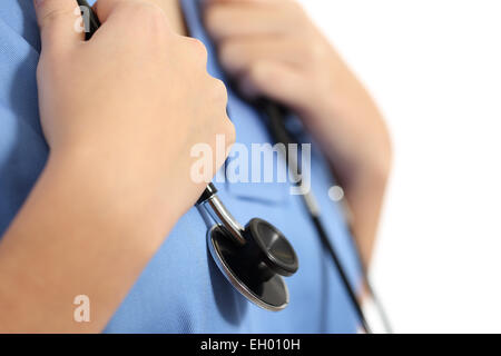 Close up of a nurse hands with stethoscope isolated on a white background Stock Photo