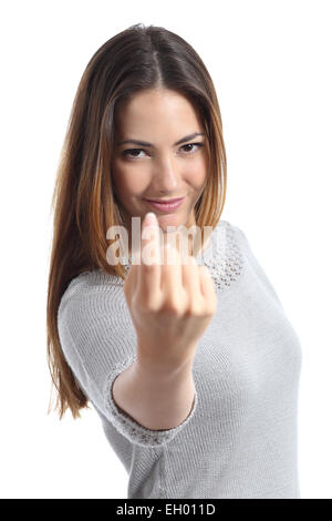 Woman gesturing come here calling you isolated on a white background Stock Photo