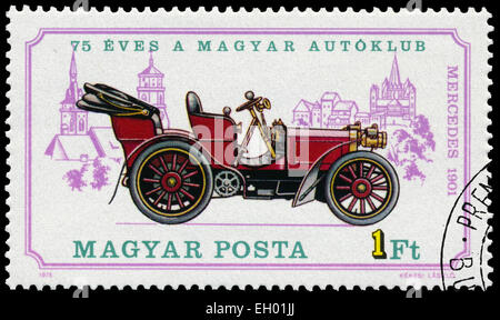 HUNGARY - CIRCA 1975: Stamp printed in Hungary shows retro car Mercedes, circa 1975 Stock Photo