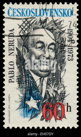 CZECHOSLOVAKIA - CIRCA 1974: Stamp printed in Czechoslovakia shows Pablo Neruda Chilean poet and Nobel Prize in literature, circ Stock Photo