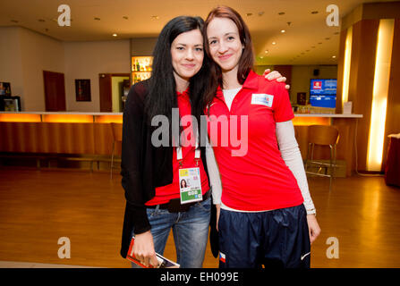 Prague, Czech Republic. 4th Mar, 2015. Czech-Finnish athlete Kristiina Maki (left) and Czech athlete Diana Mezulianikova are seen during the meeting of Czech athletic team prior to the European Athletics Indoor Championships 2015 in Prague, Czech Republic, on Wednesday, March 4, 2015. © Vit Simanek/CTK Photo/Alamy Live News Stock Photo