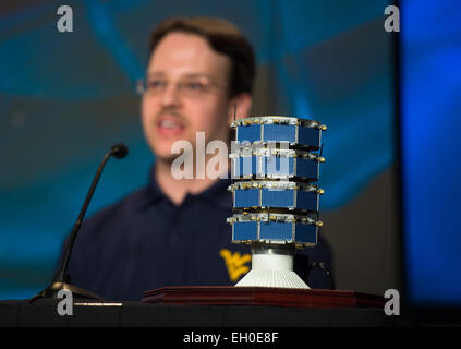 Paul Cassak, associate professor, West Virginia University, speaks during a briefing about the upcoming launch of the Magnetospheric Multiscale (MMS) mission, Wednesday, February 25, 2015, at NASA Headquarters in Washington DC. The mission is scheduled for a March 12 launch from Cape Canaveral Air Force Station in Florida, and will help scientists understand the process of magnetic reconnection in the atmosphere of the sun and other stars, in the vicinity of black holes and neutron stars, and at the boundary between our solar system’s heliosphere and interstellar space. The mission consists of Stock Photo