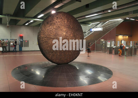 The huge disk depicting the Odyssey by Martin Guyaux, in the Botanique (or Kruidtuin) metro station, Brussels, Belgium. Stock Photo