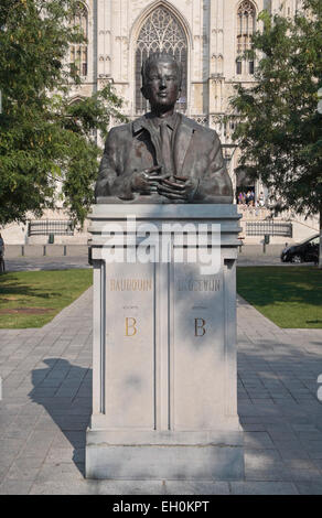 Bust of King Baudouin outside the St. Michael and Gudula Cathedral, Brussels, Belgium. Stock Photo