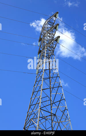 electric high voltage power post with sunny sky Stock Photo