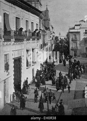 Early autotype of a procession in Seville, Andalusia, Spain, historical photograph, 1884 Stock Photo