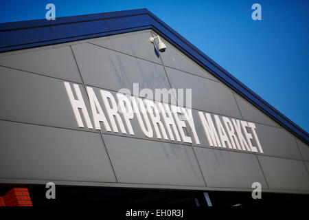 Sign for Harpurhey shopping centre Market place in North Manchester Stock Photo