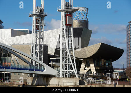 Lowry Outlet Mall at Media City Salford Quays Gtr Manchester UK. Lowry Theatre and part of the Millennium Bridge Stock Photo