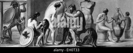Life in ancient Greece, from left: foundry workshop, armorers, pottery, historical illustration Stock Photo