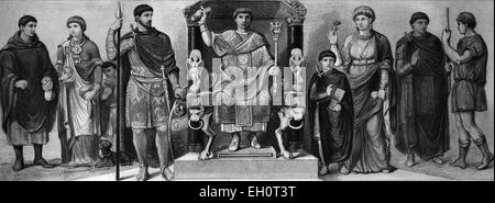 Fashion, costumes from ancient times in Rome, from left: two Rhenish-Roman costumes, commander circa 430, Late Roman consular, Placidia, Valentinian, late Roman consular costume, circus servant, historical illustration Stock Photo