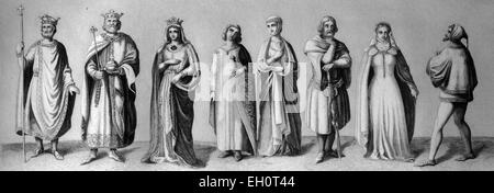 Cultural history, from left: Emperor Henry II, Henry the Holy, 973-1024, Emperor Frederick I, 1122-1190, Berengaria of Navarre, wife of Richard the Lionheart and Queen of England, 1165-1230, two traditional costumes of the 13th century, two traditional costumes from around 1340, Italian traditional costume from the 14th century historical illustration Stock Photo