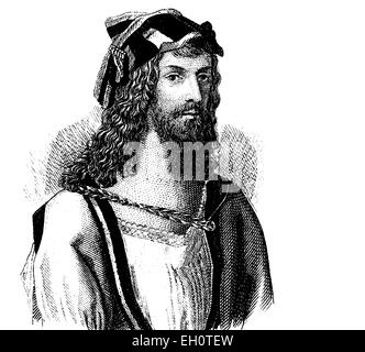 Fashion in the Middle Ages: hair style around 1500, historical illustration Stock Photo