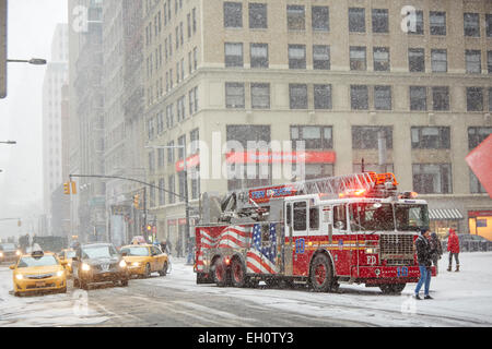 Fireman cream and truck on call in Manhattan in New York North America USA Stock Photo