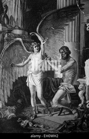 Greek mythology, Daedalus equipping his son Icarus with wings, historical illlustration, about 1886 Stock Photo
