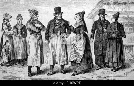 Traditional costumes on the island of Ruegen, Germany, historical illustration, circa 1886 Stock Photo