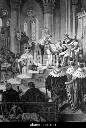 Emperor Charles IV signing at the Diet of Metz, the Golden Bull, 1356, historical illustration, circa 1886