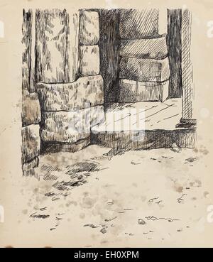 An hand drawn vector illustration. Old stone gate of the house - detail. Stock Vector