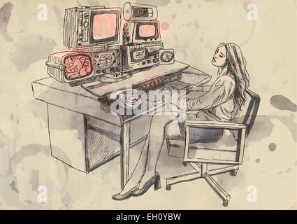 An hand drawn vector illustration. From history to the present - the art of film: Working in film editing room. Vector is editab Stock Vector