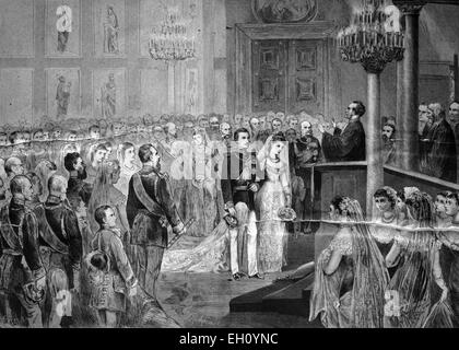 Wedding of Prince Wilhelm of Prussia and Princess Augusta Victoria of Schleswig-Holstein in Berlin, 1881, historical illustration, circa 1886 Stock Photo