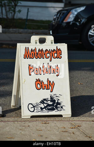 Sign for motorcycle parking only at the Liberty Harley Davidson authorized dealer in Rahway, New Jersey. USA Stock Photo