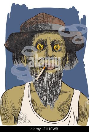 Topis: Smoking and Smokers. An hand drawn colored vector illustration. Man with a Cigarette. Stock Vector