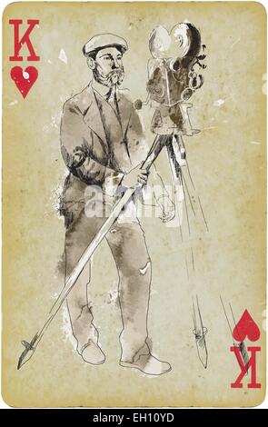 (Filmmakers:) From the film history: Man behind the camera. An hand drawn vector illustration. Stock Vector