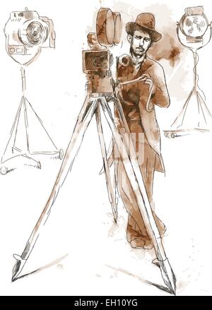 (Filmmakers:) From the film history: Man behind the camera. An hand drawn vector illustration. Stock Vector