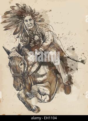 An hand drawn vector illustration. Indian Chief riding a horse and jumping over a hurdle. Stock Vector