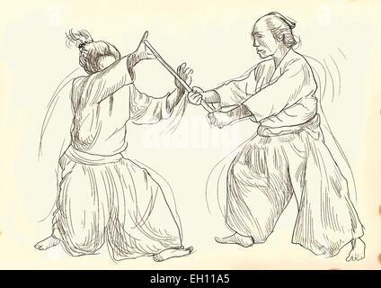 Aikido -  is a Japanese martial art. An hand drawn vector illustration. Stock Vector