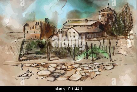An hand drawn vector illustration (converted): Vintage picture, Somewhere in France (French countryside and small vineyards) Stock Vector