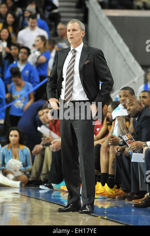 Los Angeles, California, USA. 4th Mar, 2015. USC Trojans head coach Andy Enfield in the first half during the College Basketball game between the USC Trojans and the UCLA Bruins at Pauley Pavilion in Los Angeles, California. Credit:  Cal Sport Media/Alamy Live News