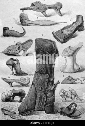 Shoe fashion from the Middle Ages, 1 crutch shoe, 2 - pointed peak shoe or poulaine, 3 - peak shoe or poulaine, 4 - flat shoe, 5 - wooden shoe, early 17th century, 6 - riding boots, 7 - Kuehfuss, 8 - high heels, 9 - slippers from the time of the French Revolution, 10 - wooden patten, 11 - Venetian leather shoe 12 - wooden shoe with a leather welding-13 - Atlas shoe of a courtier 14 - simple wooden shoe, historical illustration, 1877 Stock Photo