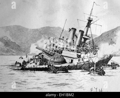 Shipwreck of the British battleship Howe at Ferrol in Spain, historical illustration circa 1893 Stock Photo