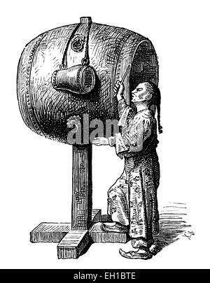 Hiuen Kou, giant Chinese drum, historical picture, about 1893 Stock Photo