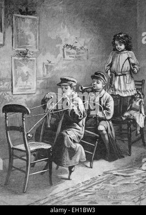 Children playing post chaise, historical picture, about 1893 Stock Photo