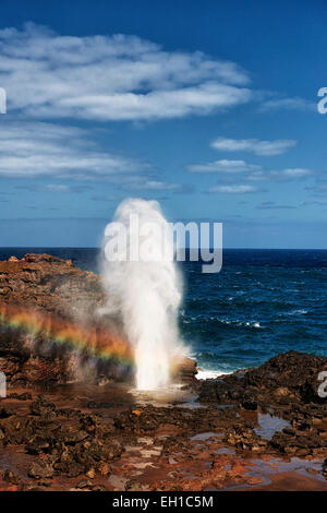 Rainbow appears after the Pacific Ocean explodes out of the volcanic formed Nakalele Blowhole on Hawaii’s island of Maui. Stock Photo