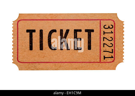 Old brown admission ticket isolated against a white background. Stock Photo