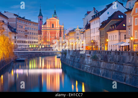 Ljubljana.  Image of Ljubljana, Slovenia during twilight blue hour. Stock Photo