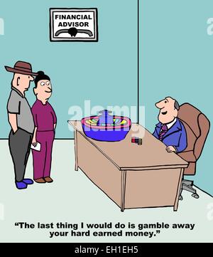 Cartoon of financial advisor with roulette wheel on his desk saying to couple he will not gamble their hard earned money. Stock Vector