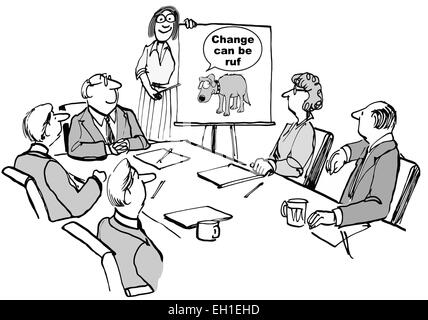 Cartoon of change seminar business meeting, businesswoman points to chart: change can be 'ruf' Stock Vector