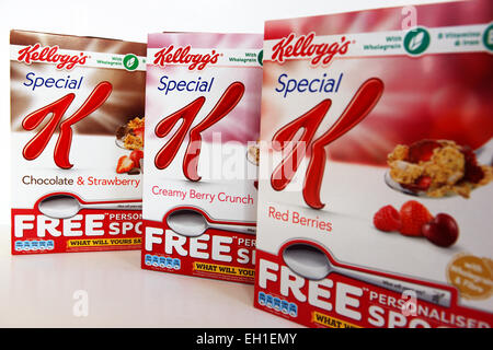 Kellogg's Special K showing differing cereal varieties: red berries, chocolate & strawberry and creamy berry crunch Stock Photo